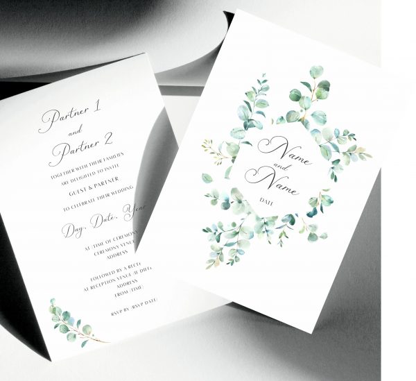 wedding invitation with pretty eucalyptus design