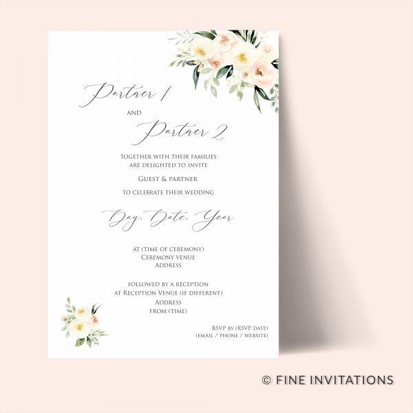 Wedding invitation with blush and ivory flowers