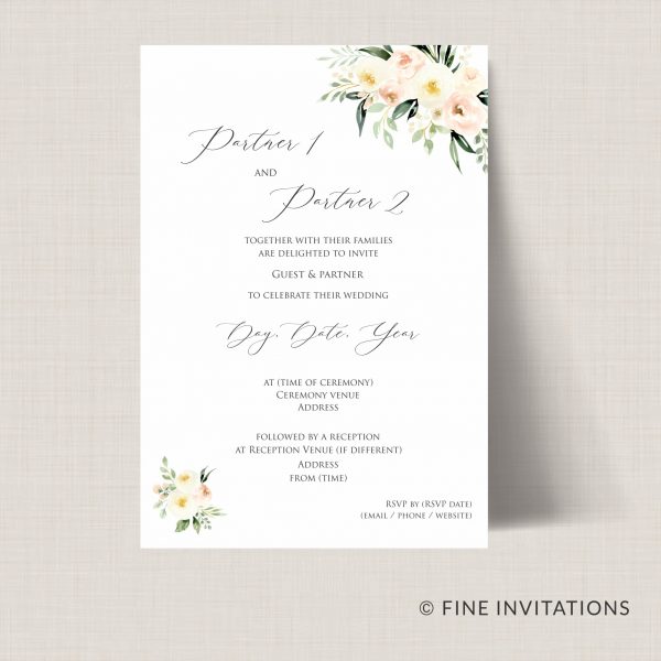 Wedding invitation with blush and ivory flowers