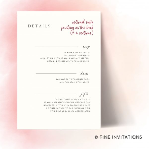 wedding information printing on back of invitation