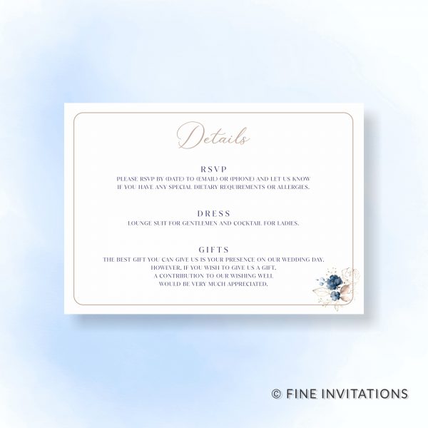 navy blue floral wedding info card