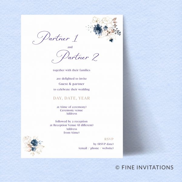 wedding invitation with elegant navy and gold floral design