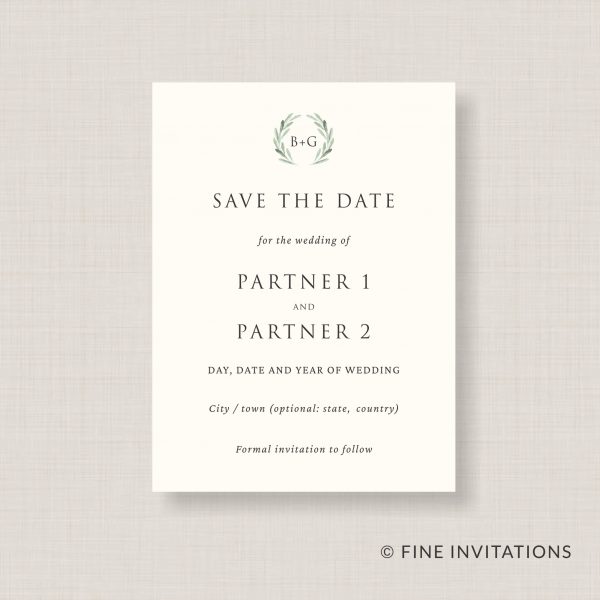 Olive wreath Save The Date card