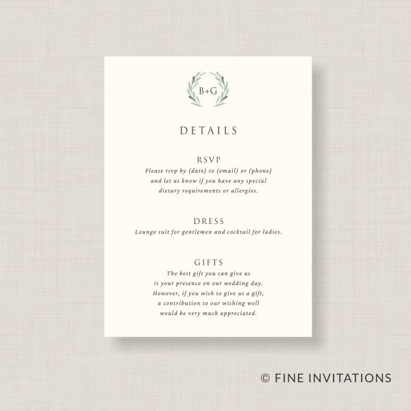 Olive wreath wedding details card