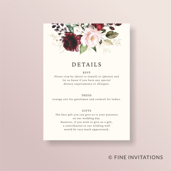 modern red roses wedding details card