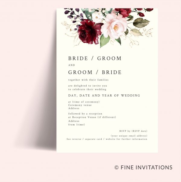 wedding invitation with beautiful red and pink roses